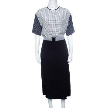 Pre Owned Victoria Victoria Beckham Navy Blue and White Printed Bodice Belted Dress M