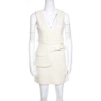 Pre Owned Victoria Victoria Beckham Cream Wool V-Neck Belted Sleeveless Dress S