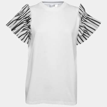Pre Owned Victoria Victoria Beckham White Cotton Striped Ruffle-Sleeve Top S