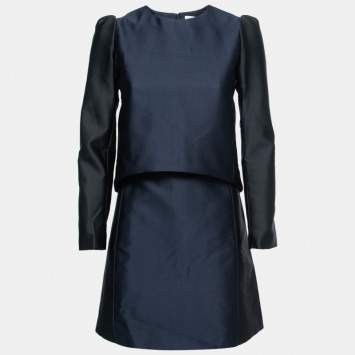 Pre Owned Victoria Victoria Beckham Black/Navy Blue Jacquard Satin Two Piece Dress S