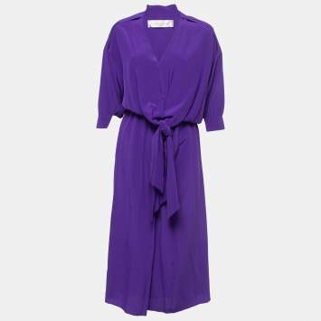 Pre Owned Victoria Victoria Beckham Purple Silk Gathered Waist Detail Midi Dress S