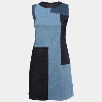 Pre Owned Victoria Victoria Beckham Blue Patched Denim Sleeveless Mini Dress S