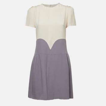 Victoria Victoria Beckham Cream/Grey Crepe Puff Sleeve Mini Dress M