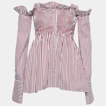 Pre Owned Victoria Victoria Beckham White/Red Striped Cotton Off-Shoulder Blouse S