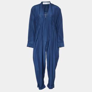 Victoria Victoria Beckham Navy Blue Silk & Cotton V-Neck Jumpsuit M
