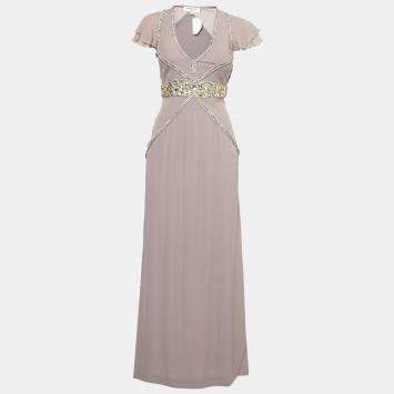Pre Owned Viktor & Rolf Soir Mauve Silk Crystal Embellished Layered Flutter Sleeve Evening Gown S