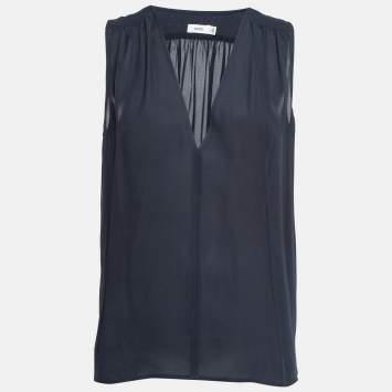Pre Owned Vince Navy Blue Silk Shirred Shoulder Tank S