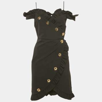 Pre Owned Violante Nessi Black Crepe Ruffled Wrap Style Mini Dress S