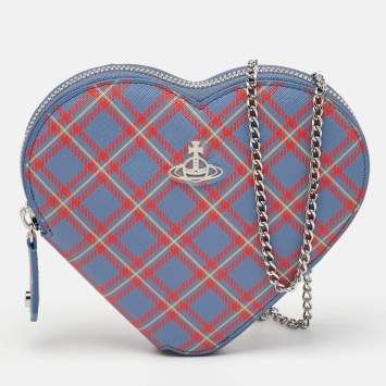 Vivienne Westwood Blue/Red Check Printed Saffiano Heart Zip Crossbody Bag