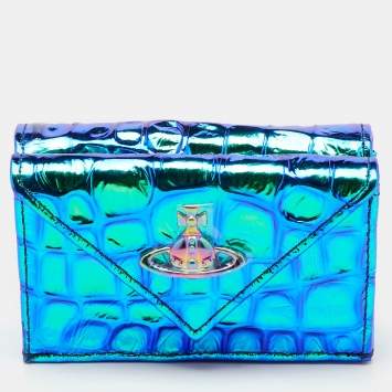 Vivienne Westwood Multicolor Iridescent Croc Embossed Leather Envelope Billfold Small Frame Wallet