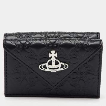 Vivienne Westwood Black Monogram Embossed Leather Envelope Billfold Small Frame Wallet