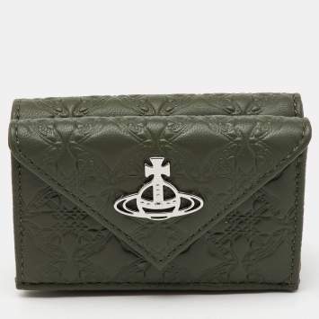 Vivienne Westwood Olive Green Monogram Embossed Leather Envelope Billfold Small Frame Wallet