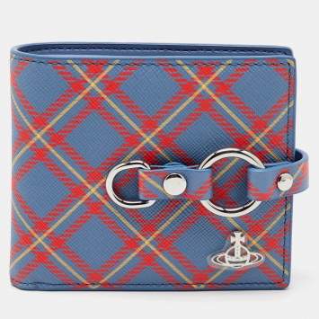 Vivienne Westwood Blue/Orange Tartan Print Saffiano Leather Billfold Bondage Wallet