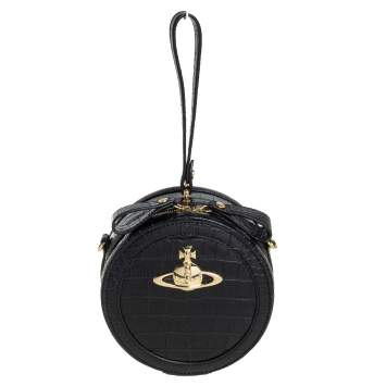 Pre Owned Vivienne Westwood Black Croc Embossed Faux Leather Round Crossbody Bag