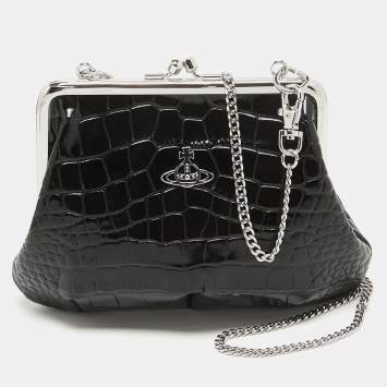 Pre Owned Vivienne Westwood Black Croc Embossed Leather Granny Frame Chain Clutch