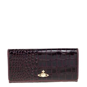 Pre Owned Vivienne Westwood Plum Croc Embossed Patent Leather Flap Continental Wallet