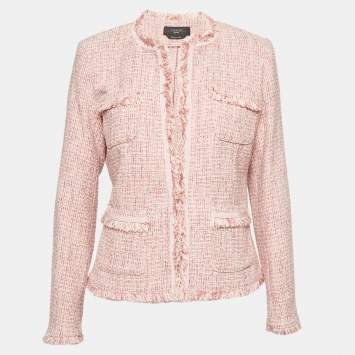 Pre Owned Weekend Max Mara Pink Tweed Fringed Collarless Jacket M