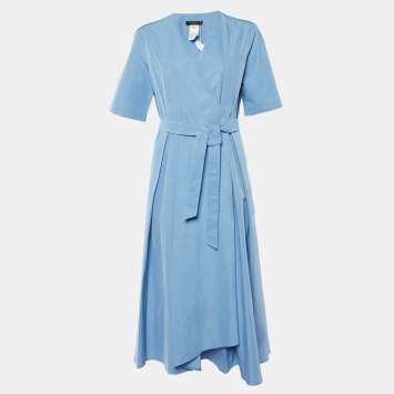 Pre Owned Weekend Max Mara Blue Cotton Blend Belted Wrap Dress L