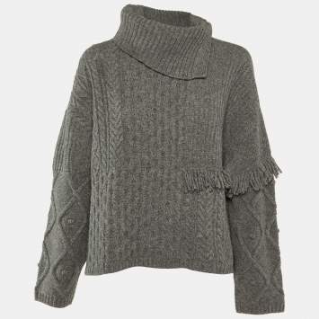 Weekend Max Mara Grey Cable Knit Tasseled Turtleneck Sweater M