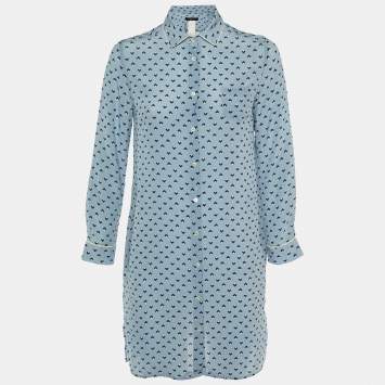 Pre Owned Weekend Max Mara Blue Geometric Print Silk Shirt Dress S