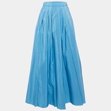Pre Owned Weekend Max Mara Blue Cotton Blend Pleated Maxi Skirt M