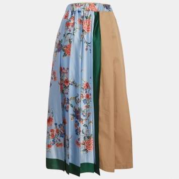 Pre Owned Weekend Max Mara Multicolor Satin and Cotton Pleated Midi Skirt XL