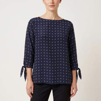 مملوكة مسبقًا Weekend Max Mara Navy Blue Motif Print Crepe Silk Blouse L