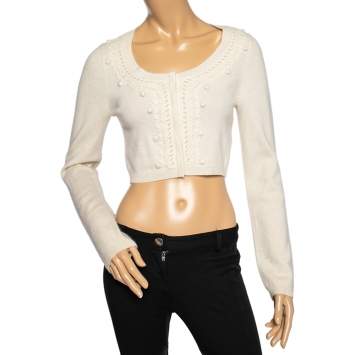 Pre Owned Weekend Max Mara Cream Cashmere Long Sleeve Cropped Cardigan M