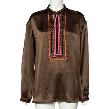 Pre Owned Weekend Max Mara Brown Silk Satin Velvet Trim Detail Blouse XL
