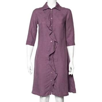 Pre Owned Weekend Max Mara Purple Linen Ruffle Detail Button Front Midi Dress S