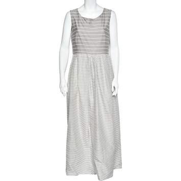 Pre Owned Weekend Max Mara Grey Cotton & Silk Striped Maxi Dress L