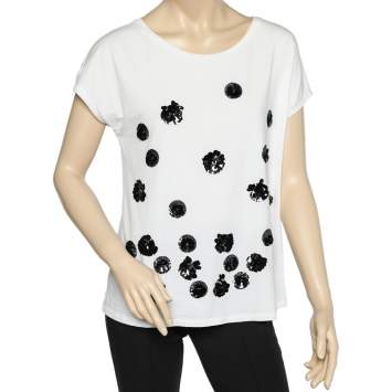 Pre Owned Weekend Max Mara White Cotton Knit Sequin Embellished T-Shirt M
