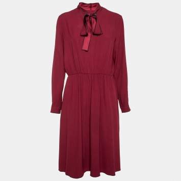 Pre Owned Weekend Max Mara Burgundy Crepe Bow Tie Neck Pleated Dress M