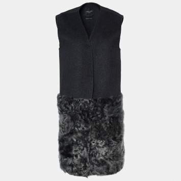 Pre Owned Weekend Max Mara Grey Wool Fur Paneled Sleeveless Jacket M