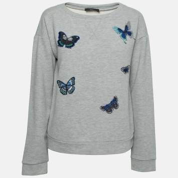 Pre Owned Weekend Max Mara Grey Cotton Butterfly Embroidered Sweatshirt M