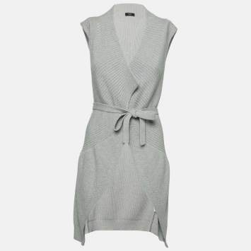 Pre Owned Weekend Max Mara Grey Wool Belted Sleeveless Cardigan M