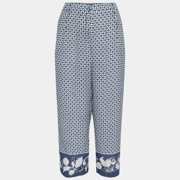 Pre Owned Weekend Max Mara Indigo & White Printed Silk Palazzo Trousers M