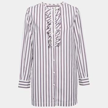 Pre Owned Weekend Max Mara White Striped Cotton Ruffled Blouse M
