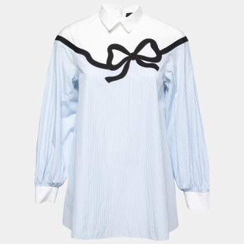 Pre Owned Weekend Max Mara Blue Striped Cotton Bow Detail Blouse S