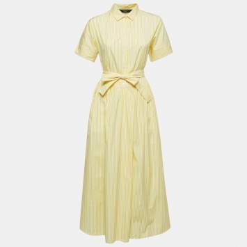 Pre Owned Weekend Max Mara Yellow Striped Cotton Belted Shirt Dress S