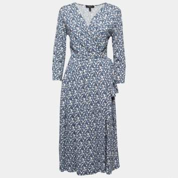 Pre Owned Weekend Max Mara Blue Floral Printed Jersey Wrap Midi Dress M