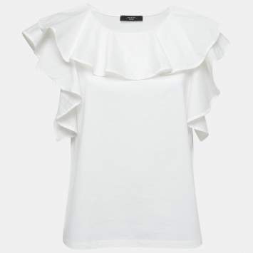 Pre Owned Weekend Max Mara White Cotton Ruffled Sleeveless Top XL