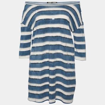 Pre Owned Weekend Max Mara White & Blue Cotton Striped Sequin Embellished Top M