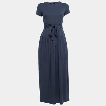 Pre Owned Weekend Max Mara Navy Blue Knit Short Sleeve Waist Tie Detail Pleated Maxi Dress XS