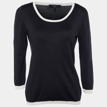 Pre Owned Weekend Max Mara Black Wool Knit Contrast Detail Round Neck Top L