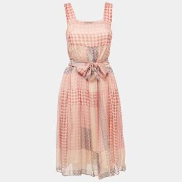 Pre Owned Weekend Max Mara Pink Printed Silk Belted Midi Dress M