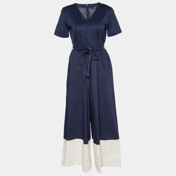 Pre Owned Weekend Max Mara Navy Blue Cotton Belted Jumpsuit S