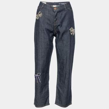 Pre Owned Weekend Max Mara Navy Blue Denim Embellished Bow Detail Cropped Boyfriend Jeans L Waist 34" 