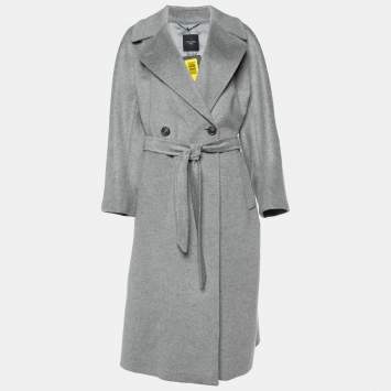Pre Owned Weekend Max Mara Grey Wool Double Breasted Belted Coat L