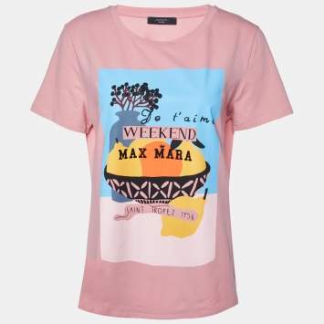 Pre Owned Weekend Max Mara Pink Printed Cotton Crew Neck T-Shirt L
